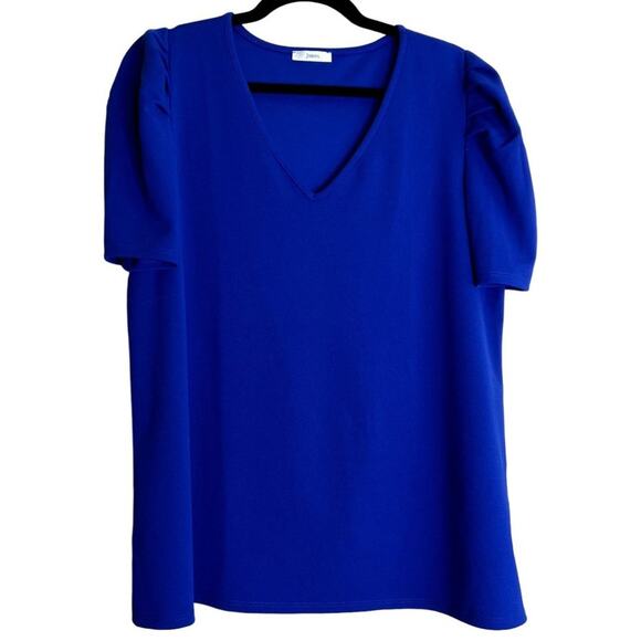 Jodifl Royal Blue Puff Shoulder Short Sleeve V-Neckline Blouse Top Size Medium - Picture 2 of 8